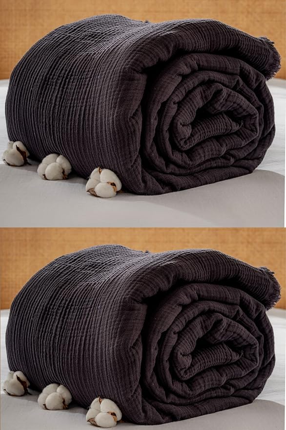 Muslin Blanket - Pure 100% Turkish Cotton Airy Soft Light Versatile Gauze Throw Blanket for Bed, Couch, Sofa (Black, Queen XL Size (95" x 95" inch))