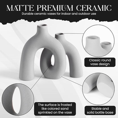 Ceramic Hug Vase (Soft Gray) Modern Donut Style Hugging Vases for Flowers Minimalist Decor – Hollow Ceramic Waterproof Home Decor Vases for Living Room, Bed Room, Book Shelf, Entryway Table.