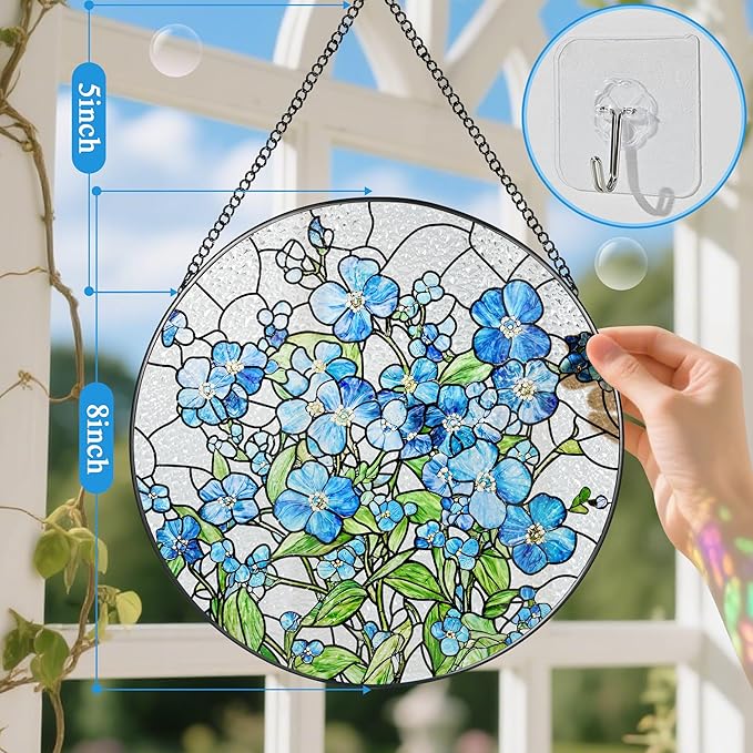 Stained Glass Window Hanging, 8 Inch Forget Me Not Stained Glass Suncatcher, Window Hanging Decor, Flower Sun Catchers, Gifts for Flower Lover, Birthday Gifts for Lover, Friend, Family, Teacher