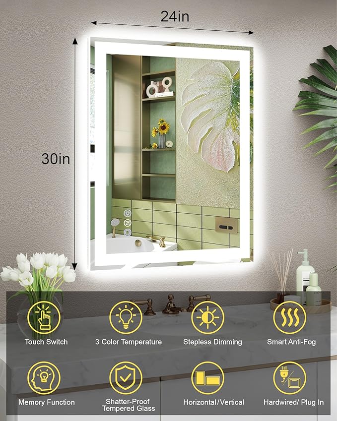 24"x 30" LED Mirror for Bathroom, Front and Backlit Controlled Separately LED Vanity Mirror with Lights, Lighted Mirrors for Bathroom Wall, Tempered Glass, Stepless Dimmable, Anti Fog, Memory(ETL)