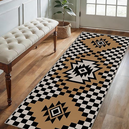Western Aztec Long Hallway Rug Runners, 4x12ft, Modern Brown Diamond Check Area Carpet for Living Room, Easy Clean Fade Resistant Durable Foldable Pet Friendly Rugs for Front Door