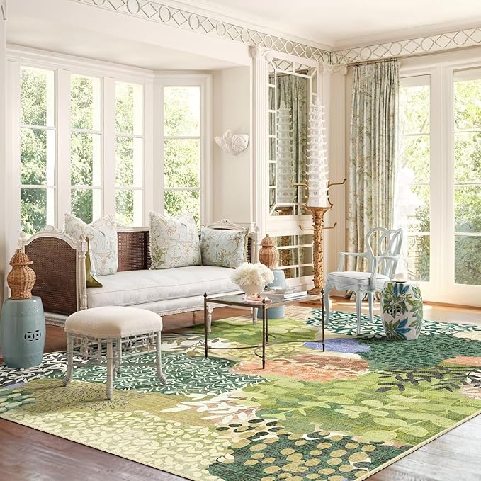 DEXDE Washable Area Rugs 5x7 Tropical Non-Slip Abstract Leaf Floral Boho Soft Rug for Living Room Bedroom Botanical Large Carpet for Entryway Kids Playroom Office,Green