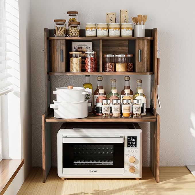 Microwave Stand with Storage, 31 x 23 Inch Mid Century Modern Kitchen Countertop Organizer, Over Fluted Microwave Counter Shelf Rack with Sliding Door, Space Saving, Wooden, Walnut