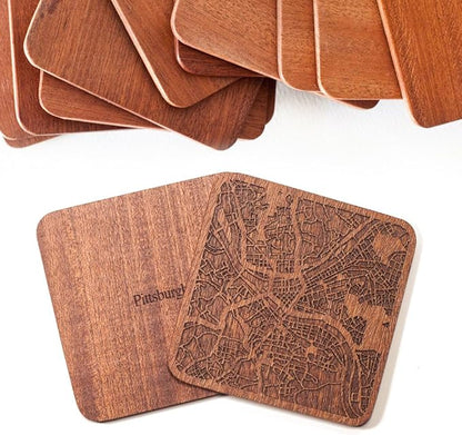 Pittsburgh Map Coaster by O3 Design Studio, Set Of 4, Sapele Wooden Coaster With City Map, Handmade