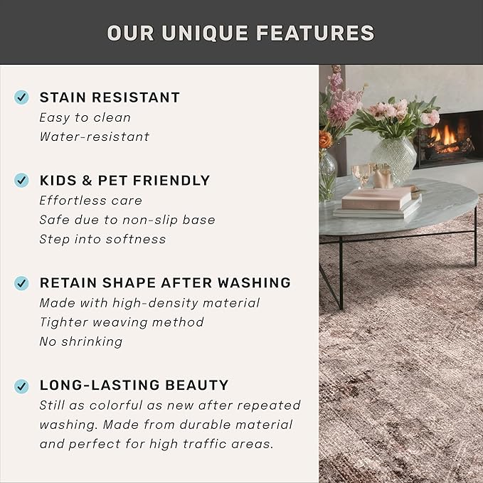 Brown and Red 3x5 Large Washable Entryway Rug, Vintage Home Décor, Low Pile Non Slip Area Rug for Kitchen, Laundry Room, Bedroom Beside Bed, Medallion Abstract Stain Resistant Carpet
