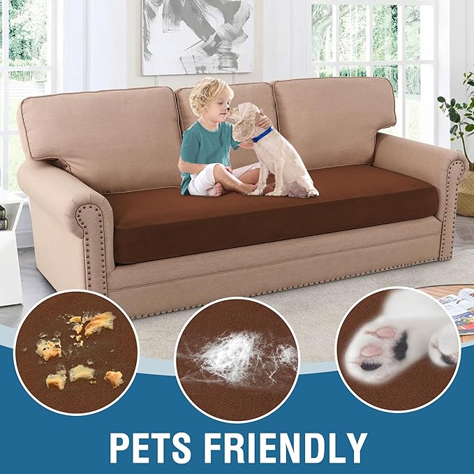 H.VERSAILTEX Fleece Couch Cushion Covers Stretch Couch Covers for 3 Cushion Couch Sofa Thick and Soft Couch Covers Washable (3 Seater Cushion Cover, Caramel)