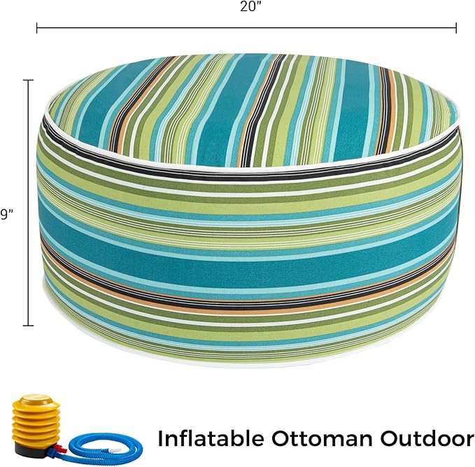 Inflatable Outdoor Ottoman with Air Pump,20"x9" Portable Patio Pouf,Water Resistant,Fade-Resistant,Round Blow Up Footrest Stools for Home Garden Camping Travel(Green Stripe)