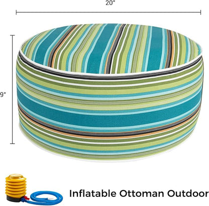 Inflatable Outdoor Ottoman with Air Pump,20"x9" Portable Patio Pouf,Water Resistant,Fade-Resistant,Round Blow Up Footrest Stools for Home Garden Camping Travel(Green Stripe)