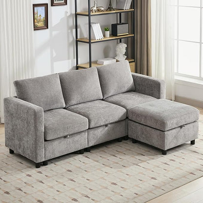 83' Modular Sectional Sofa Convertible L Shaped Couch Set for Living Room, 4 Seat Storage Modular Sofa with Movable Ottoman, Chenille(Light Grey)