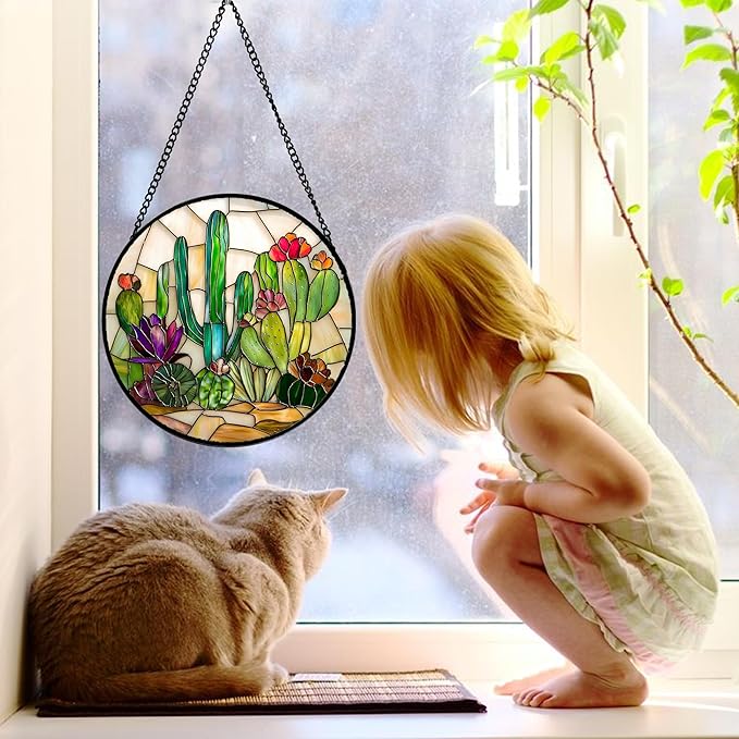 DASTOLL Stained Glass Window Hanging, White Green Cactus Suncatcher Diamond Glass Panel Hangings Sun Catchers Decor for Birthday for Women, Men, Wife, Aunt, and Mom 11.8x11.8 in