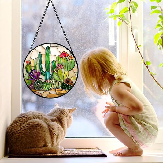 DASTOLL Stained Glass Window Hanging, White Green Cactus Suncatcher Diamond Glass Panel Hangings Sun Catchers Decor for Birthday for Women, Men, Wife, Aunt, and Mom 7.8 in