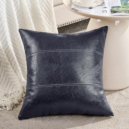 Fancy Homi 2 Packs Navy Blue Faux Leather Decorative Throw Pillow Covers 18x18 Inch for Living Room Couch Bed Sofa, Modern Farmhouse Boho Home Decor, Hand Stitched Accent Square Cushion Case 45x45 cm