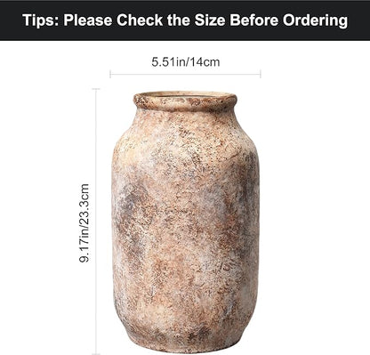 Rustic Terracotta Vase, Farmhouse Ceramic Vase, Decorative Clay Vintage Vases for Home Decor, Living Room,Table, Shelf Decor, 9 inch, Brown