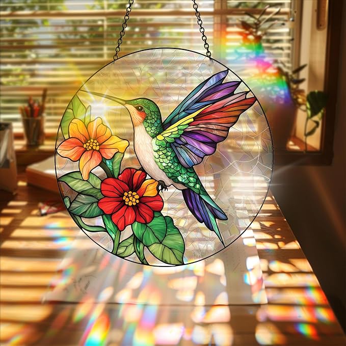 Bimkole Hummingbird Sun Catchers Indoor Window - Flowers Acrylic Suncatcher Hanging Decoration for Living Room Bedroom Summer Home Balcony Outdoor Garden Ornaments Decoration 7.8x7.8 Inch