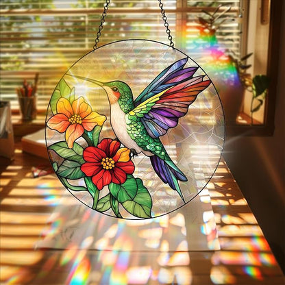 Bimkole Hummingbird Sun Catchers Indoor Window - Flowers Acrylic Suncatcher Hanging Decoration for Living Room Bedroom Summer Home Balcony Outdoor Garden Ornaments Decoration 7.8x7.8 Inch