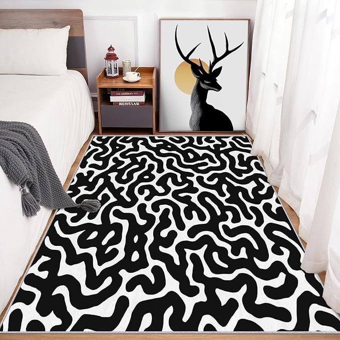 3x4 Black Abstract Line Rugs for Bedroom Decor, Washable Abstract Maze Pattern Area Rug, Living Room Home Decoration, Non Slip Soft Thin, Black and White Decor Carpet PF-P 56