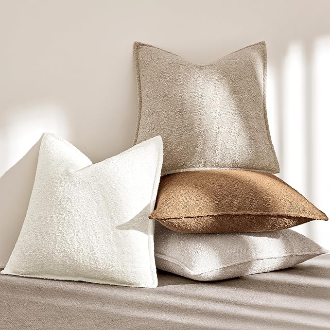 MIULEE Pack of 2 Decorative Textured Boucle Throw Pillow Covers 18x18 Inch Natural Beige Broadside Thick Boho Pillows for Farmhouse Accents Sofa Couch Bedroom Living Room Home Decor