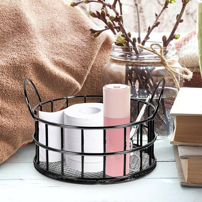 Round Wire Storage Basket for Desk, Makeup Organizer, Small Iron Basket with Handle for Home, Office, Bathroom, Black, 3.93X2.75 Inch