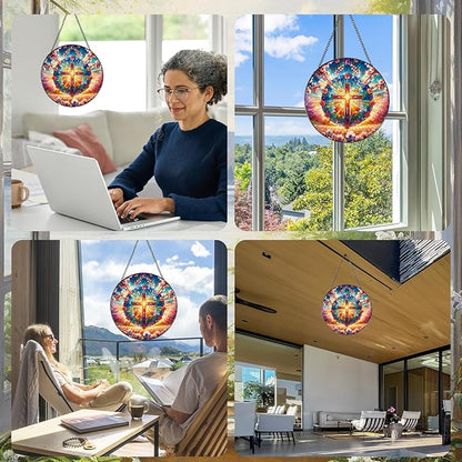 Rngmsi Cross Stained Glass Window Hanging, 7.8″ Sun Catchers with Hook Indoor Window Decor, Decorative Suncatchers Home Garden Art Gift for Thanksgiving Christmas Housewarming