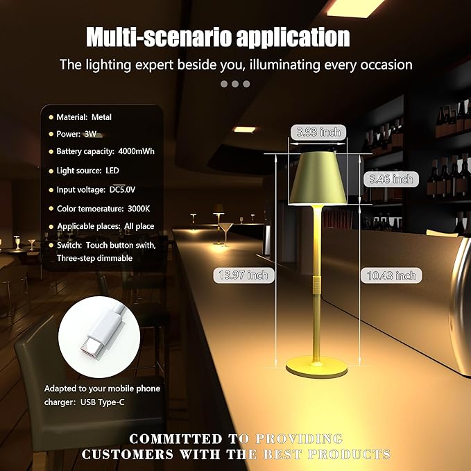 2-Pack Cordless Table Lamps - 5000mAh Rechargeable Battery Operated Desk Lamp, 3-Level Dimmable LED Night Light for Bedroom, Dining, Restaurant - Metal Design (Champagne Gold 2Pack)