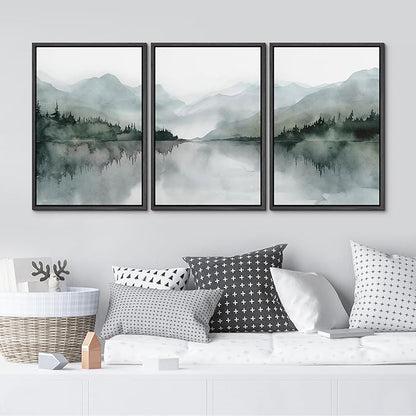 MUDECOR Framed Wall Art Print Set Misty Mountain Lake Watercolor Serene Illustrations Modern Art Boho Decorative Colorful Chic for Living Room, Bedroom, Office - 16"x24"x3 Black