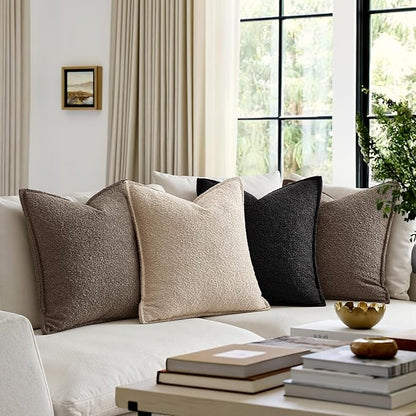 MIULEE Pack of 2 Decorative Textured Boucle Throw Pillow Covers 22x22 Inch Black Broadside Thick Boho Pillows for Farmhouse Accents Sofa Couch Bedroom Living Room Home Decor