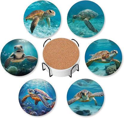 Drink Coasters for Drinks Set of 6,Sea Turtles Absorbent Round Ceramic Stone Mat Coaster, with Cork Base and Metal Holder, Home Bar Decor House Warming Gift