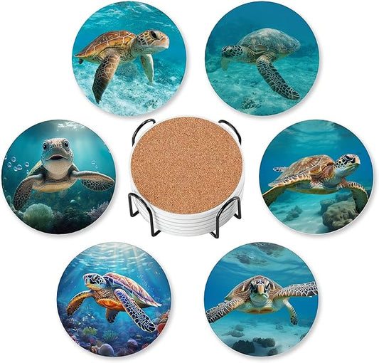 Drink Coasters for Drinks Set of 6,Sea Turtles Absorbent Round Ceramic Stone Mat Coaster, with Cork Base and Metal Holder, Home Bar Decor House Warming Gift