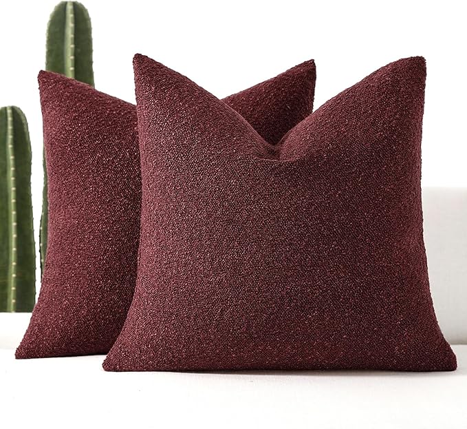 Boucle Decorative Throw Pillow Covers for Couch Set of 2, 16x16 inches, Burgundy