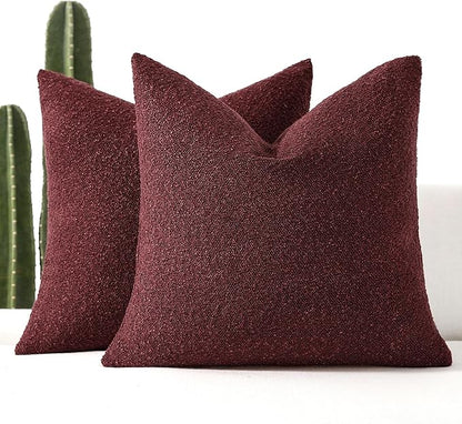 Boucle Decorative Throw Pillow Covers for Couch Set of 2, 18x18 inches, Burgundy