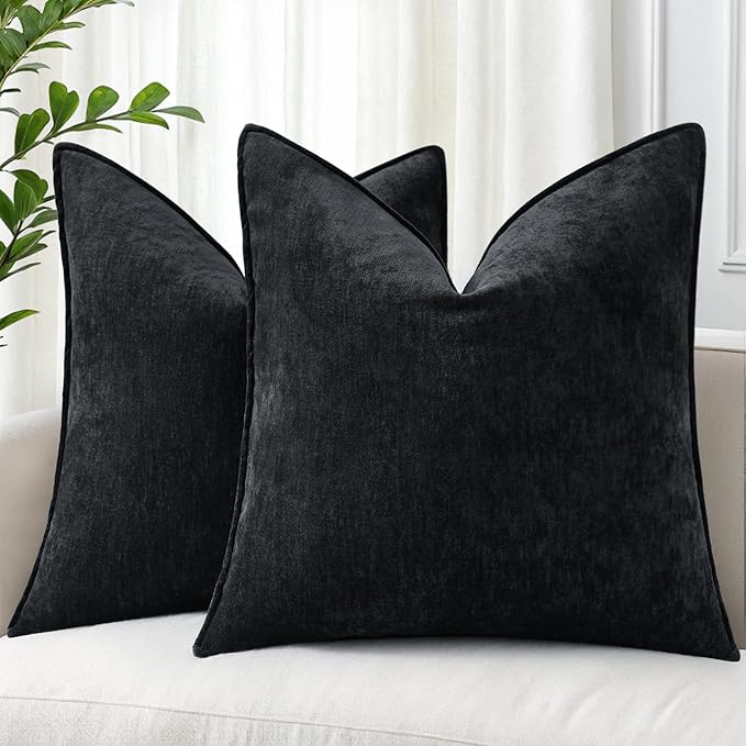 decorUhome Spring Couch Throw Pillow Covers 20x20 Set of 2, Decorative Soft Velvet Neutral Chenille Pillow Covers with Elegant Design for Sofa Bed Living Room Home Decor, Black