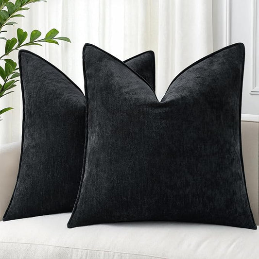 decorUhome Spring Couch Throw Pillow Covers 20x20 Set of 2, Decorative Soft Velvet Neutral Chenille Pillow Covers with Elegant Design for Sofa Bed Living Room Home Decor, Black