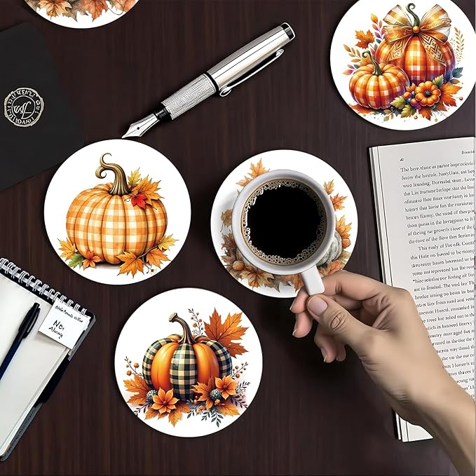 zcyhtqp, Funny Absorbent Round Ceramic Stone Coasters Set of 4 with Cork Base, Fall Pumpkins Ceramic Coasters, Gifts for Home, Kitchen, Bar, Coffee Table, Office Table Décor
