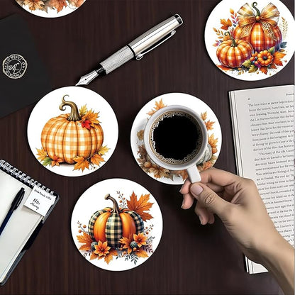 zcyhtqp, Funny Absorbent Round Ceramic Stone Coasters Set of 4 with Cork Base, Fall Pumpkins Ceramic Coasters, Gifts for Home, Kitchen, Bar, Coffee Table, Office Table Décor