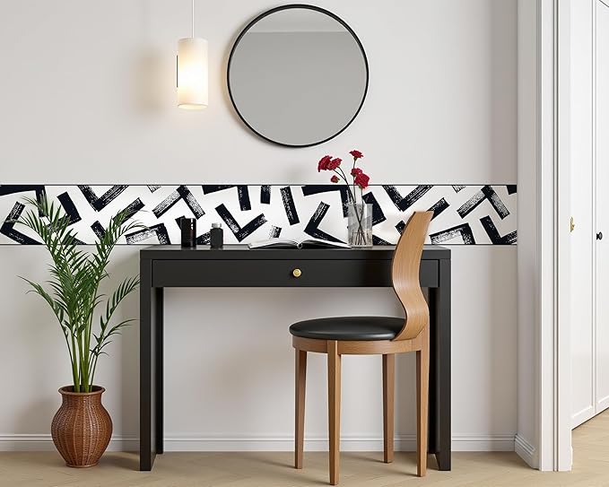 FLFK Black and White Design Wallpaper Border - Peel and Stick Wall Paper, Self Adhesive Removable PVC Borders Sticker, Modern Waterproof Trim for Home Decor, 8" x 240"