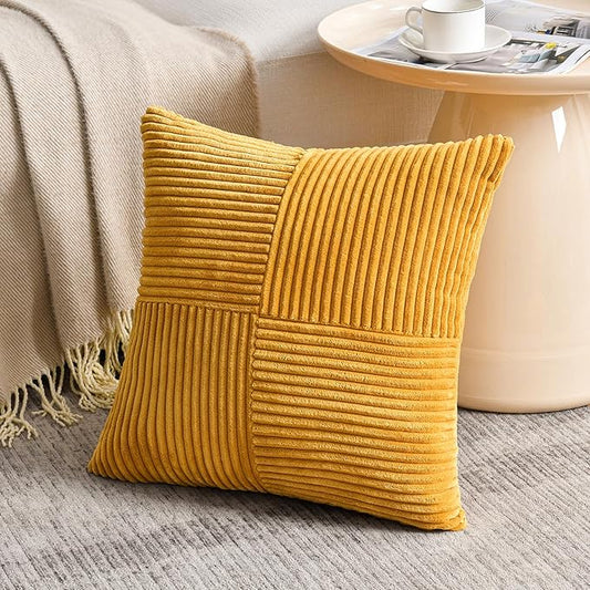 Fancy Homi 2 Packs Gold Yellow Decorative Throw Pillow Covers 22x22 Inch for Living Room Couch Bed Sofa, Farmhouse Boho Home Decor, Soft Corss Corduroy Patchwork Accent Square Cushion Case 55x55 cm