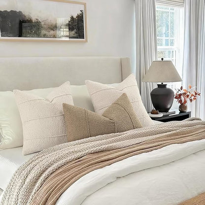 YCOLL Textured Boucle Throw Pillow Covers 20x20 Pack of 2 - Soft Neutral Striped Cushion Covers, Cozy Accent Decorative Pillow Covers for Couch, Sofa, Bed, Living Room (Beige)