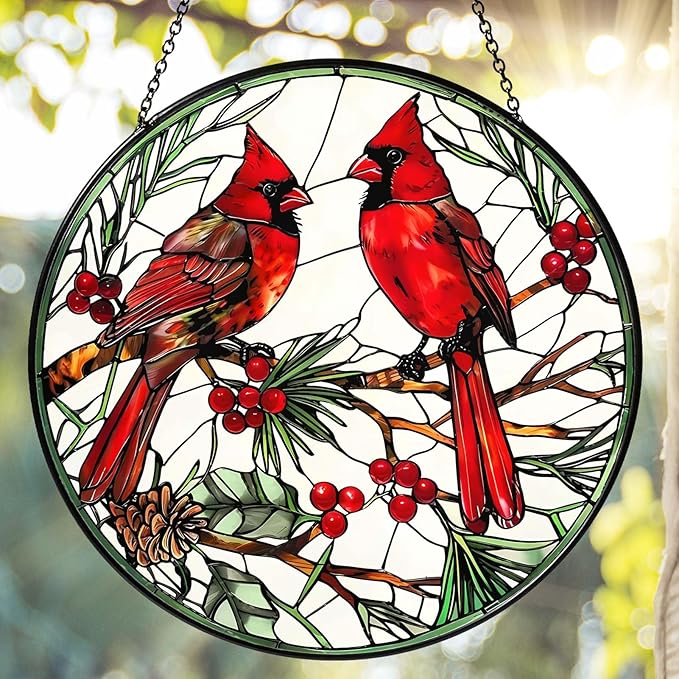 Cardinal Sun Catcher Stained Glass Window Hanging Cardinal Decor Lovers Gifts for Women Handmade Sun Catcher Decoration for Garden Home Housewarming Gifts