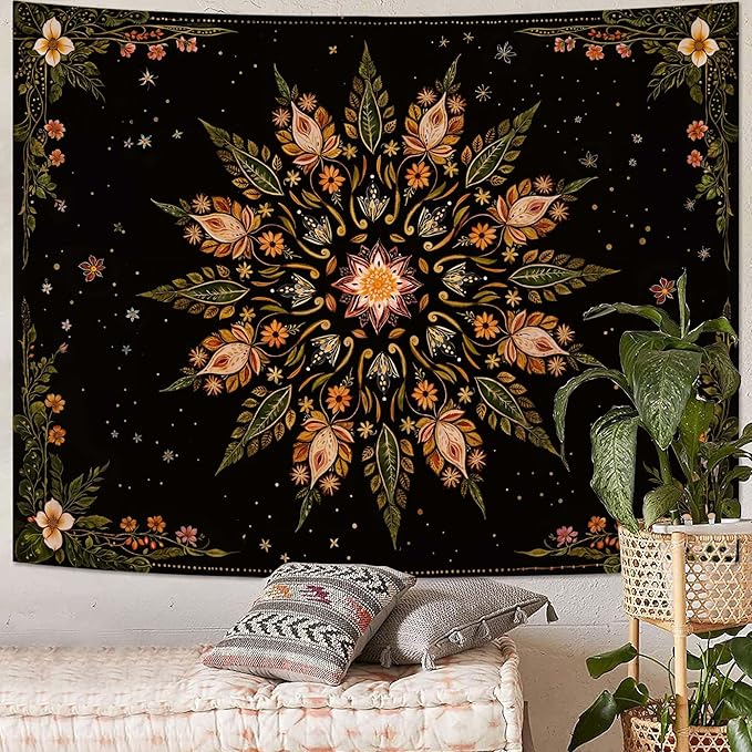Fowocu Boho Floral Mandala Tapestry for Bedroom Aesthetic Vintage Bohemian Flower Wall Tapestry Black Green Hippie Indian Tapestries Wall Hanging for Living Room Dorm Decor 60 x 44 Inch