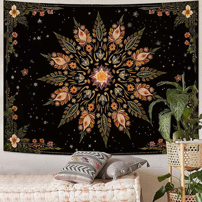 Fowocu Boho Floral Mandala Tapestry for Bedroom Aesthetic Vintage Bohemian Flower Wall Tapestry Black Green Hippie Indian Tapestries Wall Hanging for Living Room Dorm Decor 60 x 44 Inch