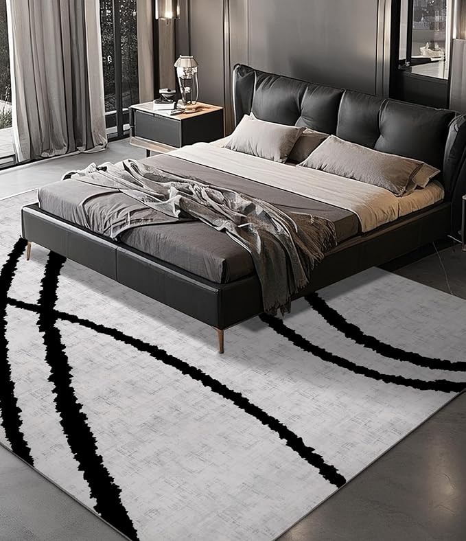 YIHOUSE Modern Area Rugs 6x9, Washable Black and White Rug, Thin Abstract Geometric Minimalist Striped Rug, Black Rugs for Living Room,Bedroom,Kitchen,Dining Room,Office
