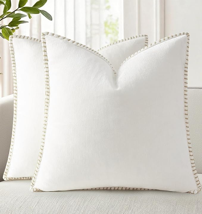 decorUhome Spring Chenille Soft Throw Pillow Covers 20x20 Set of 2, Farmhouse Velvet Neutral Decorative Pillow Covers with Stitched Edge for Couch Sofa Bed Home Decor, Cream White
