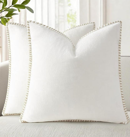 decorUhome Spring Chenille Soft Throw Pillow Covers 20x20 Set of 2, Farmhouse Velvet Neutral Decorative Pillow Covers with Stitched Edge for Couch Sofa Bed Home Decor, Cream White