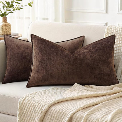 decorUhome Spring Couch Throw Pillow Covers 12x20 Set of 2, Decorative Soft Velvet Neutral Chenille Lumbar Pillow Covers with Elegant Design for Sofa Bed Living Room Home Decor, Dark Brown