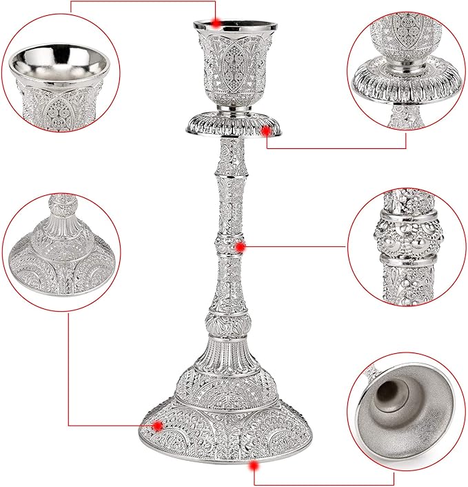 OwnMy Set of 2 Taper Candle Holders Vintage Metal Pillar Candlestick Holders 7.4”, Elegant Brass Candle Stick Holders Decor Candelabra Set for Dining Table Centerpieces Wedding Home Decoration, Silver