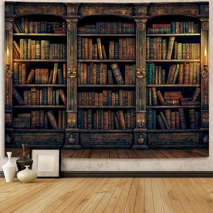 YEXIT Retro Bookshelf Wall Tapestry, Vintage Books Study Library Tapestries for College Dorm Bedroom Magic Caslte Backdrop 60×80 inch