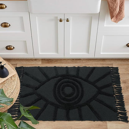 Uphome Boho Bathroom Rug 2'x3' Washable Evil Eye Tufted Entryway Rug with Tassels Soft Cotton Woven Small Rugs Modern Minimalist Dark Gray Throw Rugs for Bedroom Kitchen Doorway Laundry Room