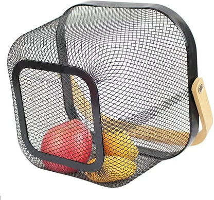 Metal Mesh Steel Basket, Storage Organizer Basket Multi-functional Hanging Kitchen Baskets Fruit Basket Bin with Bamboo Handle for Kitchen Bathroom Picnic Shopping Decor Cabinet Home, Black