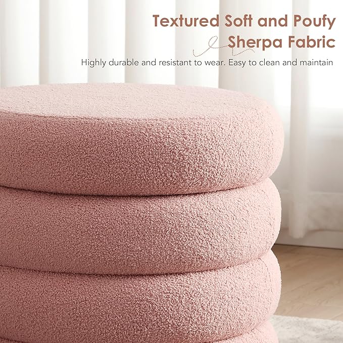 Flouki 20.1" Storage Ottoman Round, Vanity Stools for Bedroom, Sherpa Pouf Ottoman with Removable Lid, Modern Ottoman Stool for Girls Women, Foot Stool for Living Room, Pink