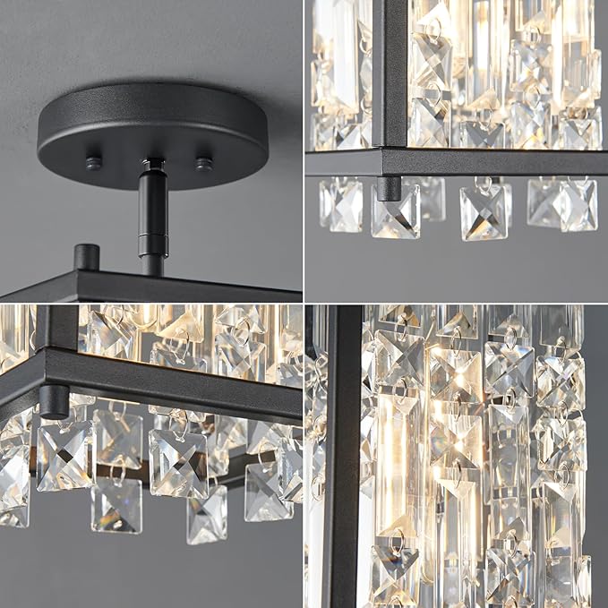 LMQNINE Modern Black Pendant Light Fixtures for Kitchen Island, Crystal Chandelier Lights Fixture, Adjustable Farmhouse Pendant Lighting for Dining Room Bedroom (Square 1-Light)